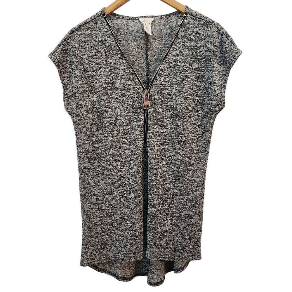 Aj Andrea Jovine zip v‎ neck sweater top black white heathered sleeveless medium